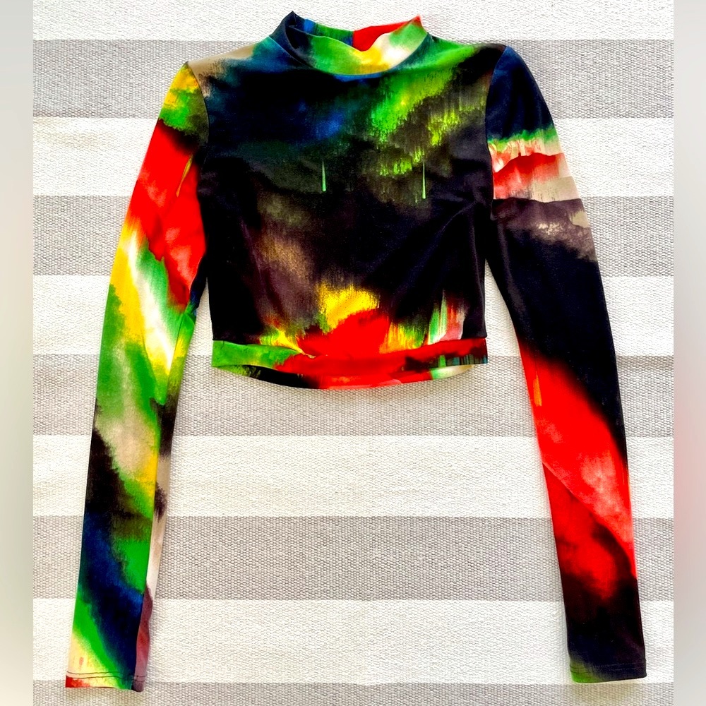 AKIRA Ultra Crop Top, Rainbow Watercolor, Color-Melt Mock-Neck, Abstract Print
